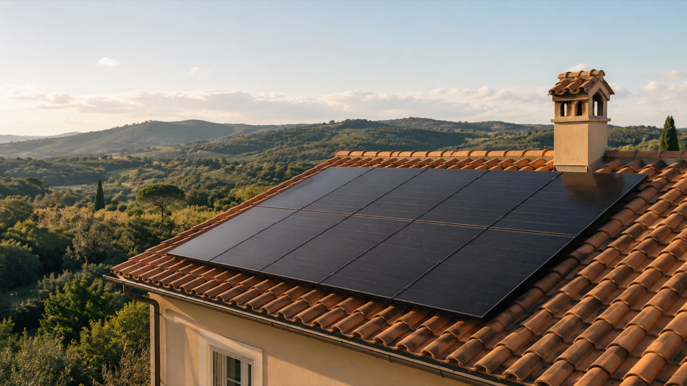 Impianto fotovoltaico su un tetto in coppi, con le colline sullo sfondo